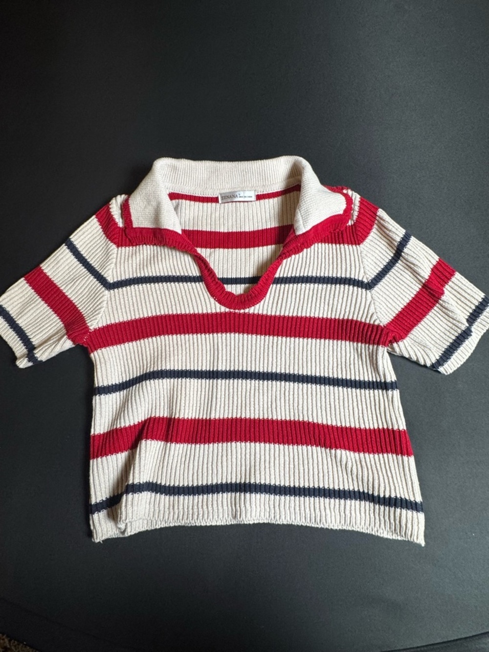 Striped V-Neck Short Sleeve Sweater Red Navy Cream Preppy Coastal